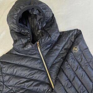Michael Kors Womens Large Black Hooded Packable Quilted Down Fill Puffer Coat
